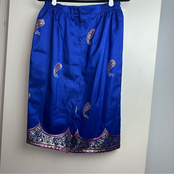Vintage Blue Embroidered Gold Sequins Paisley All Over Embellished Trim Skirt - Picture 3 of 15